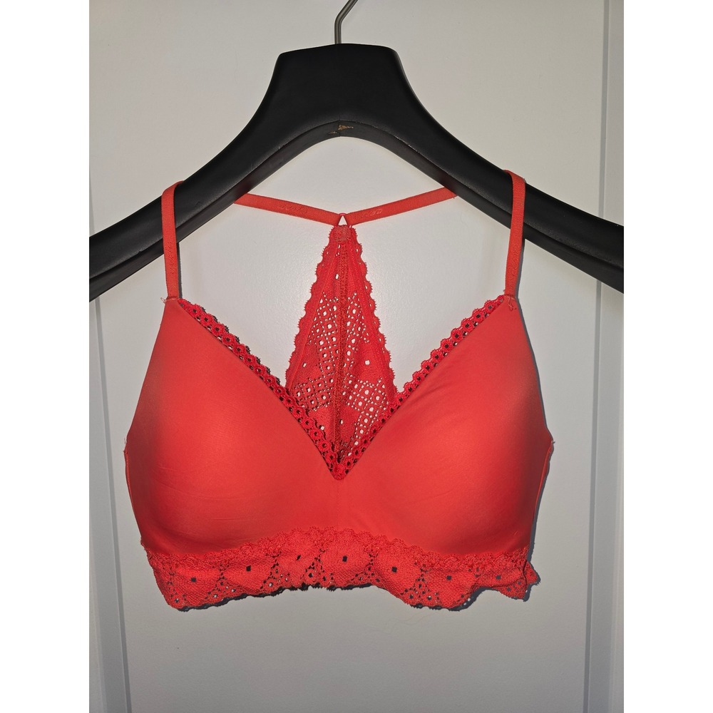 Aerie Coral Orange Crochet Lace Racerback Bralette Padded Eyelet Trim 34B